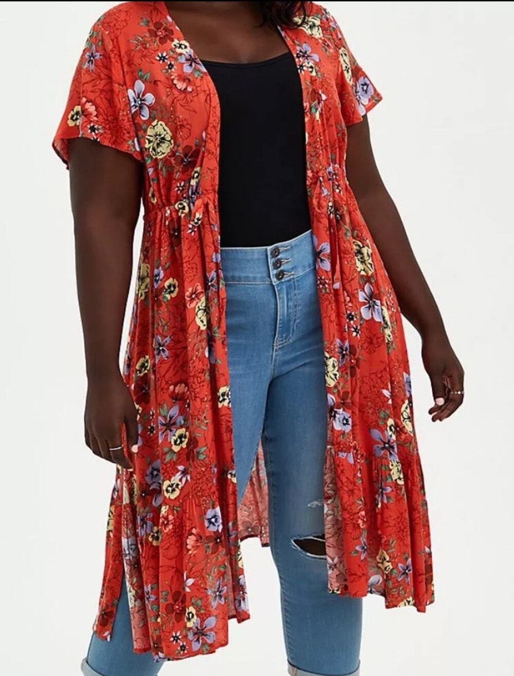 Torrid SZ 3 (3X-Large) Tie Front Midi Kimono Fig Floral Drawstring Short Sleeves
